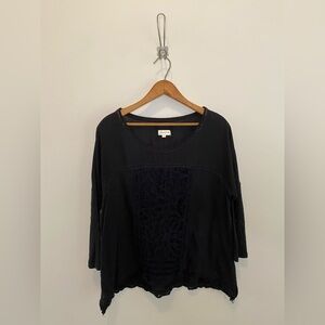 Meadow Rue Black Crochet-Front Long Sleeve Top